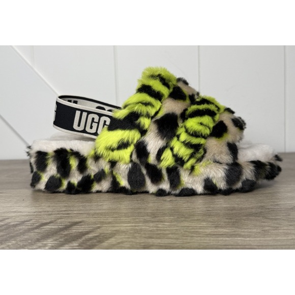 UGG Australia Fluff Yeah Slides for Women Neon Green Beige Leopard Print Size 6 - Picture 1 of 8